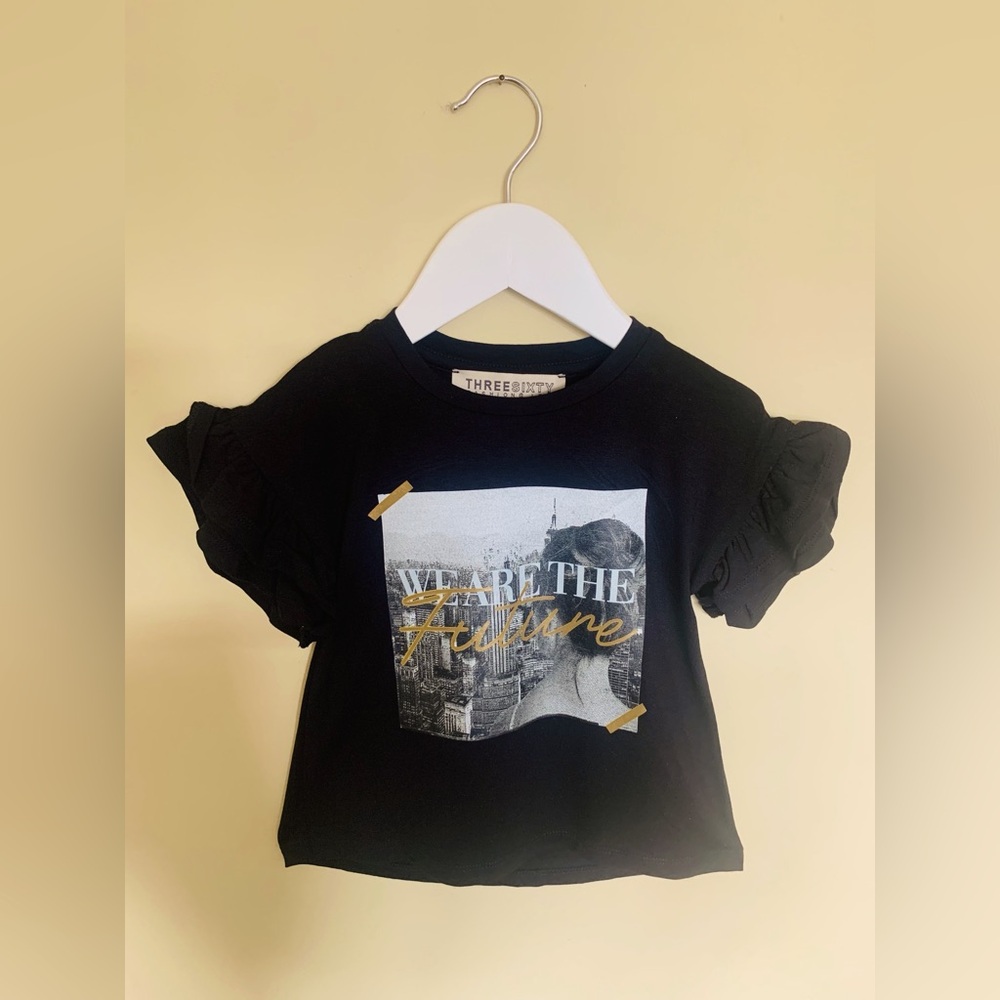 Three Sixty Toddler Girls Black Graphic Print Frill Short Sleeve Cotton T-Shirt